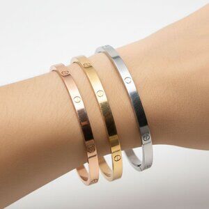 Set of 3 Metal Bangle Bracelets Trio Stackable Gold Silver Rose Gold Copper Tone